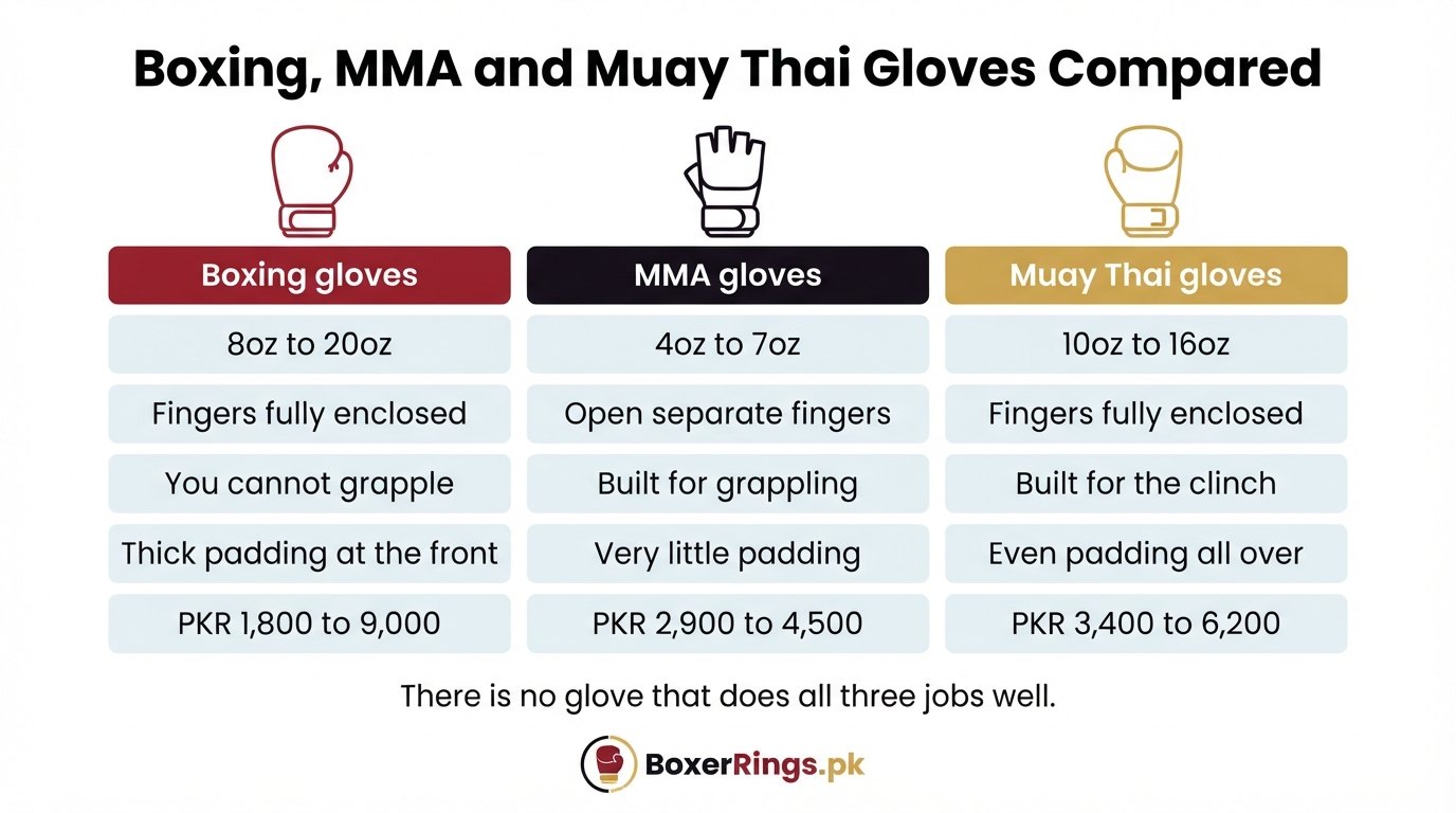 Boxing vs MMA vs Muay Thai gloves compared: boxing gloves are 8oz to 20oz, fully enclosed and PKR 1,800 to 9,000; MMA gloves are 4oz to 7oz with open fingers built for grappling at PKR 2,900 to 4,500; Muay Thai gloves are 10oz to 16oz with even padding for the clinch at PKR 3,400 to 6,200.