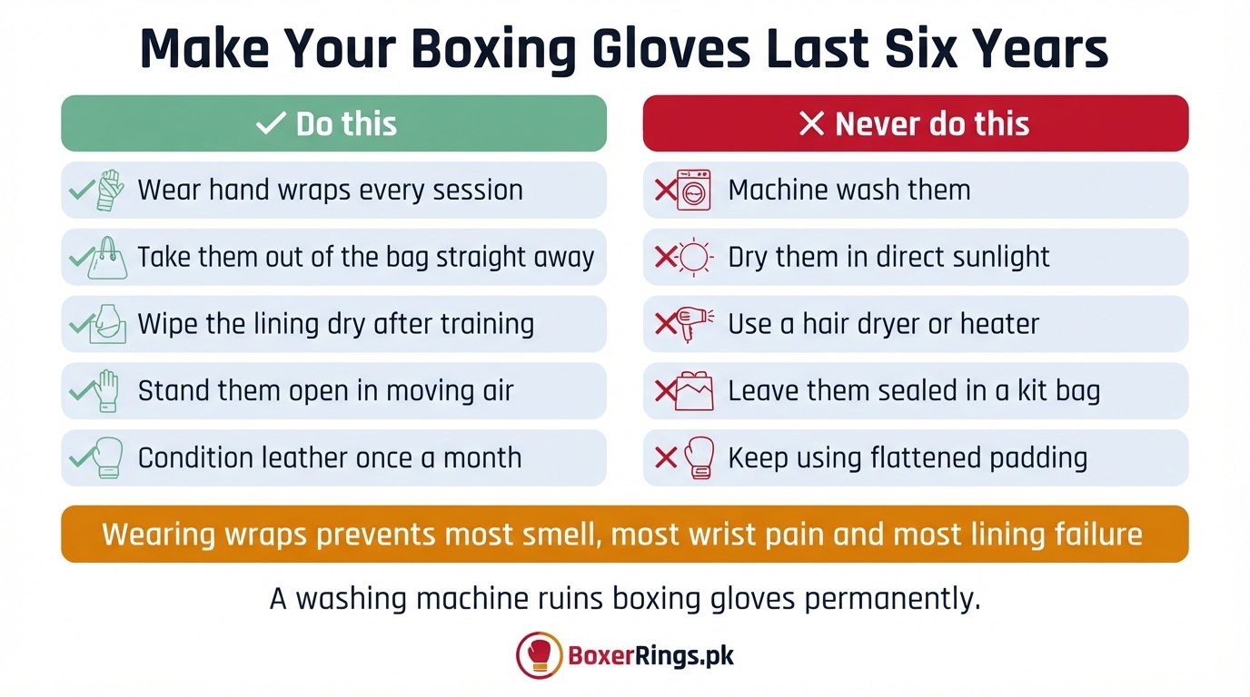 How to clean boxing gloves and make them last six years: wear hand wraps every session, take the gloves out of the bag straight away, wipe the lining dry, stand them open in moving air and condition leather monthly, and never machine wash, sun dry, heat, seal in a kit bag or keep using flattened padding.