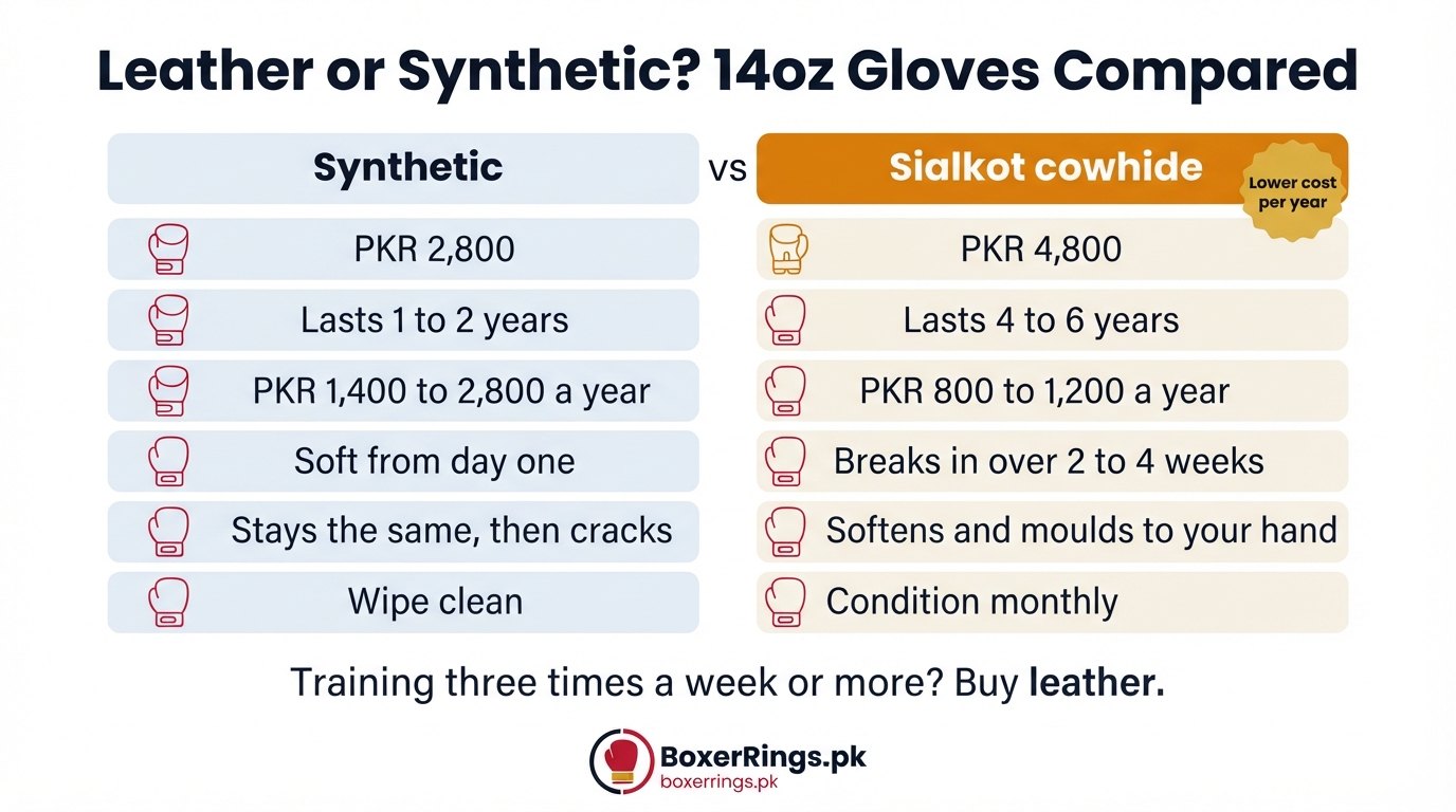 Leather vs synthetic boxing gloves in Pakistan: a 14oz synthetic glove costs PKR 2,800 and lasts 1 to 2 years at PKR 1,400 to 2,800 a year, while 14oz Sialkot cowhide costs PKR 4,800, lasts 4 to 6 years at PKR 800 to 1,200 a year and moulds to your hand after a 2 to 4 week break in.